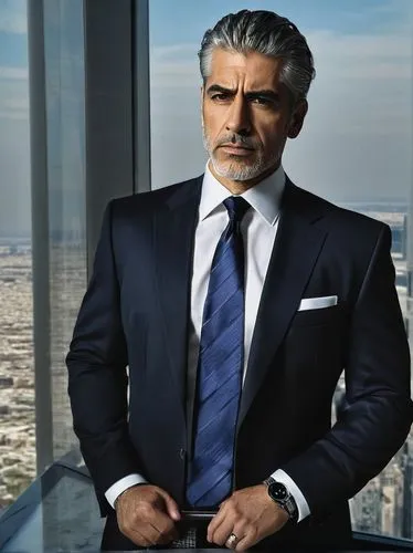 Mature businessman, Mr. Brown, formal wear, black suit, white dress shirt, dark blue tie, silver watch, elegant hairstyle, slight beard, serious facial expression, standing pose, city skyscraper backg