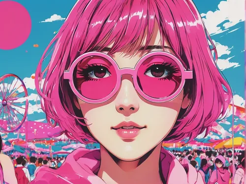 Describe a stylish character wearing pink round frames at a vibrant music festival.,pink glasses,pink round frames,anime 3d,pink vector,heart pink,color pink,pink,persona,festival,pink balloons,color 