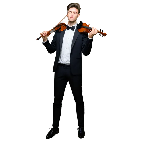 Instrumental musician, young man, indoor setting, formal wear, black tuxedo, white shirt, black bow tie, holding violin, playing passionately, spotlight shining down, wooden floor, dark background, 3/