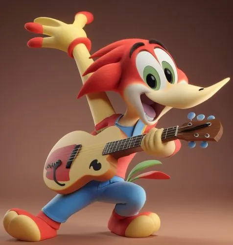 personagem de desenho animado Pica-Pau tocando guitarra, Disney 3D.,a toy figurine that has a guitar,banjo,musical rodent,kazooie,guitar player,banjo player,bouzoubaa,Unique,3D,3D Character