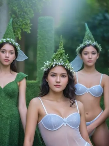 A group of fairies don their own costumes and form a hedge group as they join a group in the enchanting fairy tale of Tale Castle. High resolution photo technology.,ecofeminism,celtic woman,dryads,kup