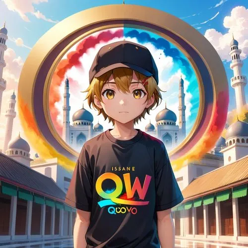 create a realistic 3D logo of an Indonesian boy, wearing a black cap on his head and a Koko shirt, a mosque background and colorful powder. in front of him there is a ribbon that says "QOWIY" with a c