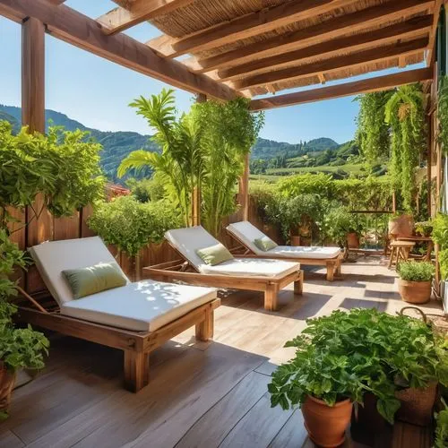 un ambiente rilassante, un angolo relax con legno e piante, dai colori caldi e accoglienti che evocano la fine della settimana e il relax.,outdoor deck with wooden furniture and plants,balcony garden,