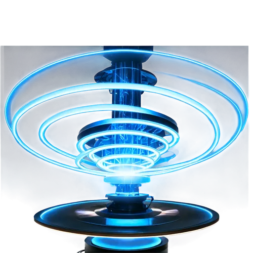 Teleport sound effect, swirling blue light, electric sparks, glowing aura, futuristic technology, metallic material, sleek design, circular platform, misty atmosphere, soft focus, cinematic compositio