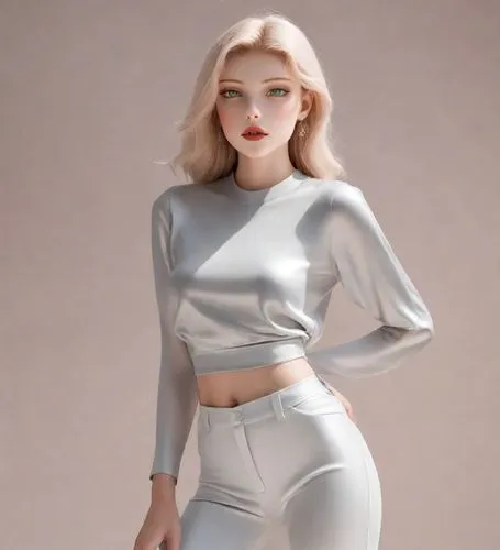 a realistic figure of a young woman in silver pants,gradient mesh,3d figure,maxmara,3d model,silver,fashion doll,derivable,metallic feel,model,courreges,plastic model,skintight,model doll,sculpted,fas