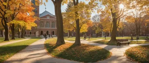 University of Illinois Urbana-Champaign campus, landscape architecture, autumn season, vibrant orange and yellow leaves, sprawling green lawns, walking paths made of brick and stone, modern sculptures