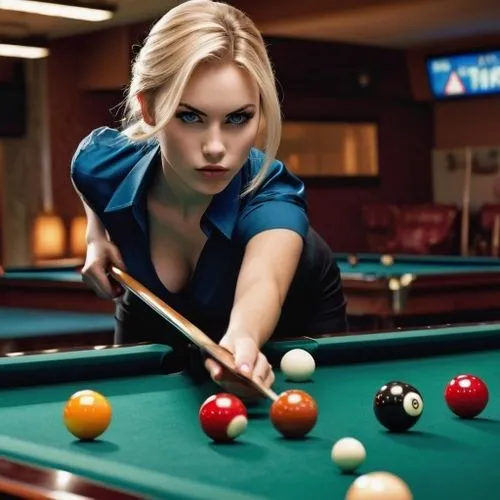 pool player,billiards,billiard,blackball (pool),nine-ball,pocket billiards,bar billiards,english billiards,billiard table,billiard ball,carom billiards,billiard room,straight pool,snooker,pool,eight-ball,pool ball,blonde woman,cue stick,poker set