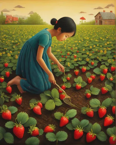 girl picking apples,girl picking flowers,strawberries,watermelon painting,strawberry plant,virginia strawberry,picking vegetables in early spring,farmworker,strawberry,picking flowers,red strawberry,strawberry flower,strawberry ripe,flower painting,cultivation,vegetables landscape,red raspberries,blooming field,glean,poppy field,Illustration,Abstract Fantasy,Abstract Fantasy 17