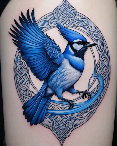 Design an intricate blue jay tattoo with Celtic knotwork and swirling water elements.,blue jay,bluejay,blue bird,blue jays,ornamental bird,sea swallow,an ornamental bird,steller s jay,western bluebird