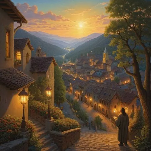 mountain village,alpine village,aurora village,knight village,mountain settlement,meteora,fantasy picture,escher village,medieval town,romantic scene,transylvania,night scene,fantasy landscape,alsace,home landscape,village scene,evening atmosphere,hobbit,mountain scene,landscape background