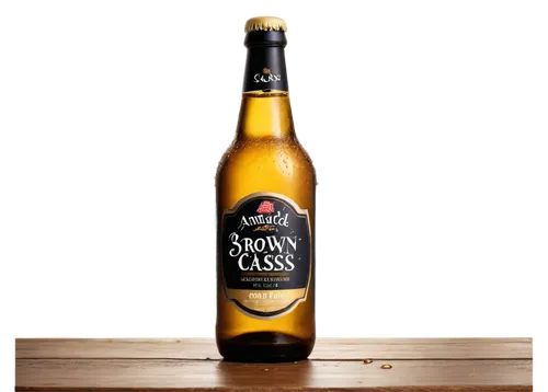 Craft beer, glass bottle, brown label, golden liquid, creamy foam, dimpled texture, condensation droplets, wooden table, rustic background, shallow depth of field, warm lighting, 3/4 composition, clos