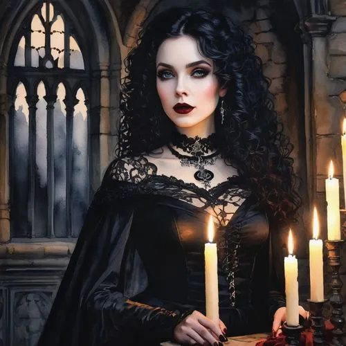 gothic portrait,gothic woman,black candle,gothic dress,gothic style,vampire woman,volturi,gothic,vampire lady,vampyre,vampyres,bellatrix,behenna,gothicus,samhain,vampire,magdalene,boudria,vampy,dark gothic mood,Illustration,Paper based,Paper Based 25