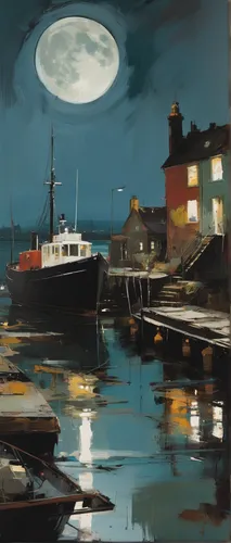 night scene,harbor,moonlit night,moonlit,harbour,boat harbor,fishing boats,sea night,moonlight,lightship,wharf,seaport,quayside,fishermans wharf,docks,full moon,fishing trawler,moonrise,waterfront,the waterfront,Conceptual Art,Oil color,Oil Color 01