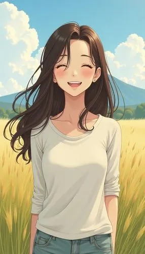 a girl's smile,kuchel,in the field,farm background,blooming field,ghibli