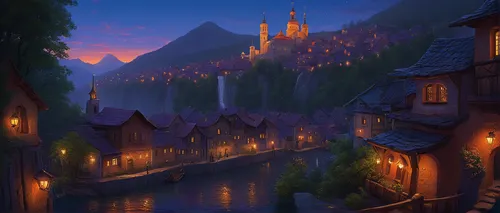 medieval town,mountain settlement,aurora village,alpine village,mountain village,spa town,knight village,fantasy landscape,fantasy city,old town,ancient city,night scene,medieval street,escher village,world digital painting,hogwarts,old city,fantasy world,fantasy picture,resort town,Illustration,Realistic Fantasy,Realistic Fantasy 27