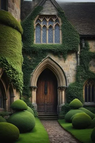 Tudor era architecture, medieval style, grand castle, stone walls, turrets, Gothic windows, stained glass, ornate wooden doors, ivy covered, moss growing, overcast sky, misty atmosphere, England count