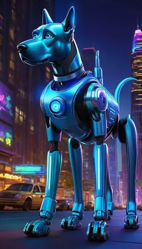 Scooby-Doo, AI robot dog, metallic blue body, glowing blue eyes, futuristic headset, mechanical legs, shiny metal fur, standing, city street, skyscraper, neon lights, night scene, 3/4 composition, low