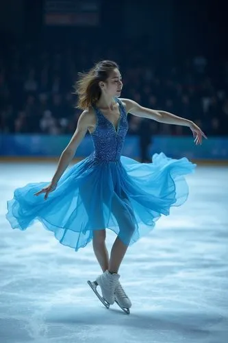 The image captures a halfbody closeup photo of figure skater in action on an ice rink. The focus is squarely placed on the female athlete, who appears to be performing during her routine with grace an