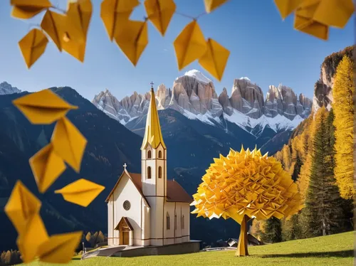 Tree with yellow leaves with the church of Santa Magdalena in the background, Funes Valley, Sudtirol (South Tyrol), Dolomites, Italy, Europe,dolomites,south tyrol,dolomiti,the sesto dolomites,italy,it