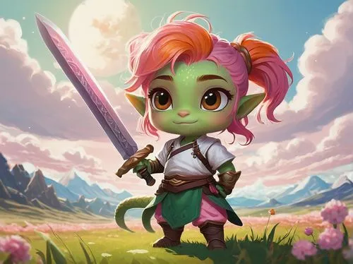 Dragonborn, Chibi, cute, small, green scales, big eyes, tiny wings, pink hair, ponytail, adorable face, sweet smile, white shirt, orange shorts, holding a small sword, standing on one leg, grassland, 