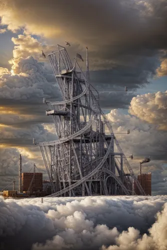 harbor crane,pirate ship,steel tower,industrial landscape,tower of babel,oil rig,galleon ship,cloud towers,ghost ship,full-rigged ship,russian pyramid,tallship,barquentine,steam frigate,tall ship,sail ship,concrete ship,sea sailing ship,shipping crane,the large crane