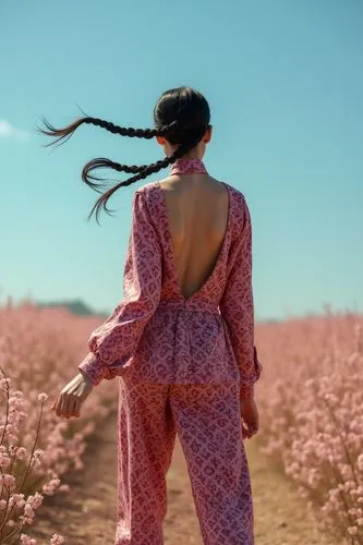 pink grass,girl in a long dress from the back,girl on the dune,blooming field,field of flowers,desert rose