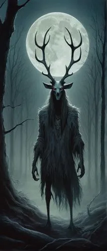 cute Wendigo, mythological creature, solo, mysterious forest, full moon, misty atmosphere, glowing eyes, pale skin, long hair, fur clothes, bone accessories, eerie lighting, cinematic composition, fog