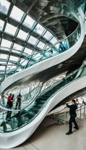 Bilbao Museum, Guggenheim Museum, futuristic architecture, flowing curves, titanium panels, glass atrium, grand staircase, high ceilings, white interior, natural light, river Nervión, urban cityscape,