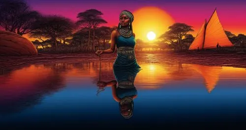 sunset at africa,african art,asherah,kemet,world digital painting,dusk background,morrowind,derivable,nephthys,ennead,asheron,inanna,african woman,fantasy picture,candomble,africaine,oshun,ninhursag,e