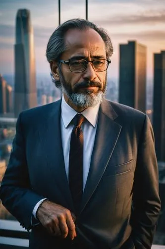 middle-aged man, mature, suit, tie, glasses, beard, briefcase, standing, posing, confident, modern skyscraper, glass walls, steel frames, cityscape, sunset, warm lighting, 3/4 composition, shallow dep