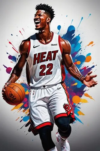 Animated Jimmy Butler, NBA star, smiling, dynamic pose, Miami Heat jersey, number 22, sweat droplets, intense gaze, short black hair, athletic build, muscular arms, basketball, hoop, court, crowd chee