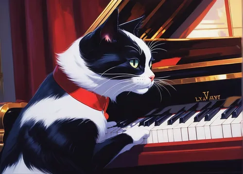 Describe Sylvester the cat's attempts to impress his owner by learning to play the piano in a luxurious mansion.,pianist,jazz pianist,concerto for piano,piano player,figaro,piano lesson,composer,piane