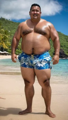 raw photo, burly chubby guy, tongan 40 years old, round face, fat, wet skin, joyfull face, black skin, wearing hawaiian shirt, full body shot, hands on waist, body hair on chest, fat chubby chest, chu