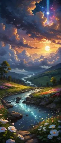 fantasy landscape,landscape background,fantasy picture,rainbow and stars,nature background,colorful stars