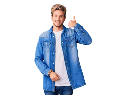 Photographer, male, holding camera, wearing denim jacket, blue jeans, sneakers, messy hair, casual smile, standing, urban background, natural light, shallow depth of field, warm color tone, 3/4 compos