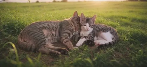 Grüne Wiese ,a cat lays next to another cat while lying down,dog - cat friendship,kangaroo with cub,cats playing,two cats,cat love,dog and cat