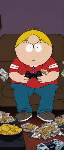 Cartman, chubby boy, messy brown hair, freckles on face, white shirt with blue stripes, dark blue jeans, sneakers, sitting on a couch, eating chips, holding a game controller, lazy posture, dirty sock