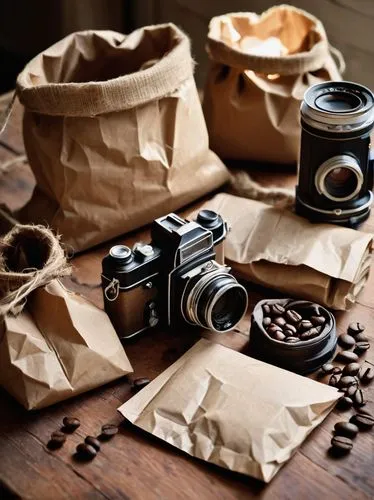 still life photography,kraft paper,coffee background,brown paper,vintage camera,photographic equipment,photographic film,tabletop photography,mirrorless interchangeable-lens camera,photographs,photography equipment,analog camera,ground coffee,food photography,coffee beans,vintage box camera,paper bags,aperture,drip coffee,conceptual photography,Unique,3D,Modern Sculpture