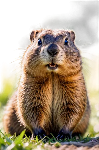 Wildlife photography, groundhog, rodent, furry, whiskers, cute face, round body, short legs, grassland, sunny day, green vegetation, shallow depth of field, natural light, 3/4 composition, warm color 