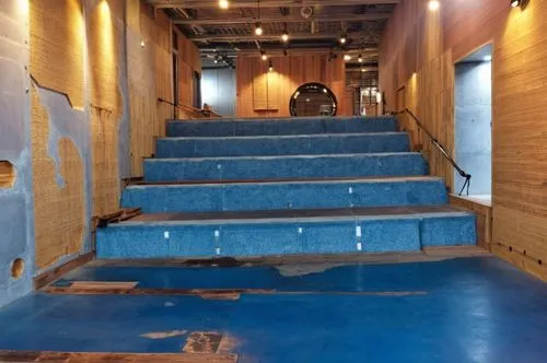 there is blue carpet on the floor and stairs,mezzanine,winners stairs,mezzanines,wheelchair accessible,loading dock,outside staircase,refurbishment,stair,stairway,basement,subway stairs,staircases,sub