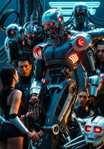 people are standing around a robot robot in the dark,terminators,cyberdog,war machine,automatons,automatica,terminator,Conceptual Art,Sci-Fi,Sci-Fi 09