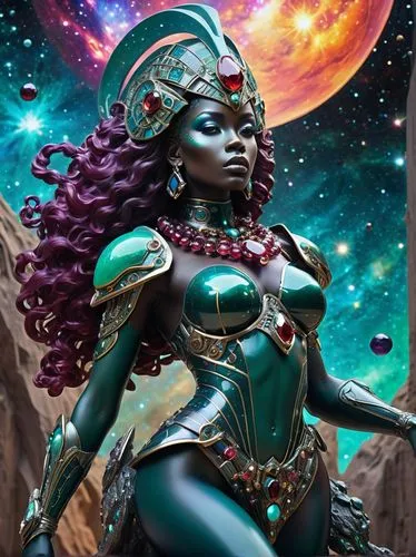 afrofuturism,vodun,nubia,oshun,binti,niobe,andromeda,sisoulith,fantasy woman,inanna,zodiac sign libra,baoshun,neptunian,melora,neith,barsoom,nebula guardian,astronema,fantasy art,nefaria,Illustration,Retro,Retro 03