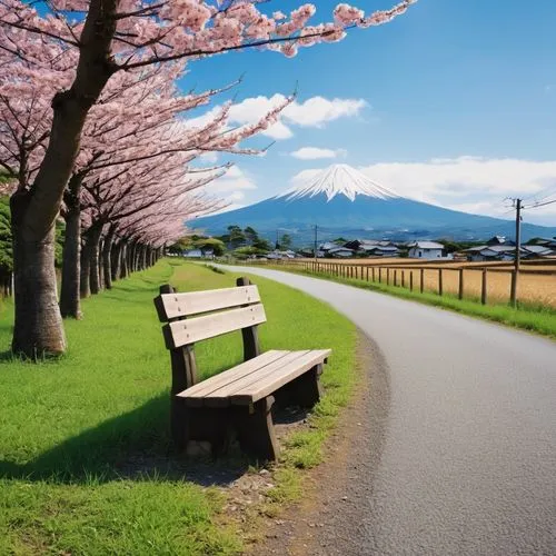 beautiful japan,japan landscape,japanese sakura background,spring in japan,japanese cherry trees,sakura trees,wooden bench,cherry blossom tree-lined avenue,landscape background,cherry trees,takato cherry blossoms,japon,japanese floral background,sakura background,park bench,gotemba,natural scenery,japanese mountains,shizuoka prefecture,bench,Photography,General,Realistic