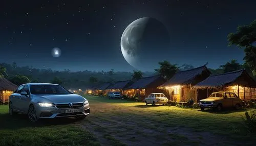 there is a car parked in a yard with a full moon in the background, moonlit kerala village, nightime village background, at night with full moon, night time scene, dark but detailed digital art, by Kr