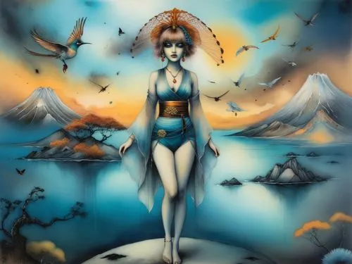 a painting of a woman in a bathing suit on a large rock with birds flying around,amphitrite,fantasy art,naiad,nausicaa,fantasy picture,sirene,Illustration,Realistic Fantasy,Realistic Fantasy 34