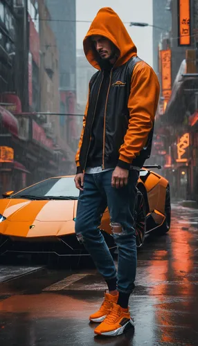 (masterpiece, best quality, absurdres),beanie,athletic outfit,orange socks,sneakers,cyberpunk,science fiction,retrowave lights,cinematic lighting,daytime,city,on street,heavy rain,wide shot,black CAR,