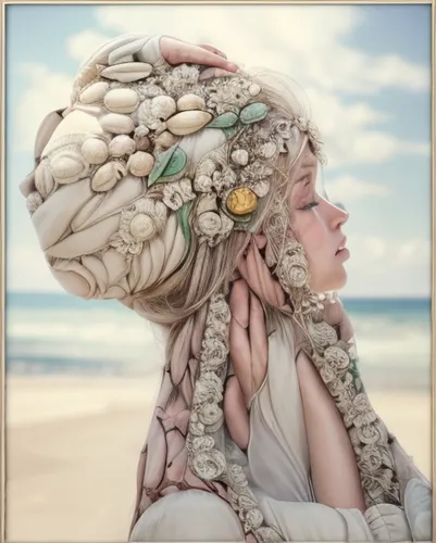 headpiece,headdress,girl in a wreath,womans seaside hat,the hat of the woman,beautiful bonnet,medusa,woman thinking,bach flower therapy,the sea maid,praying woman,woman's hat,surrealistic,mind-body,head woman,conceptual photography,the wind from the sea,adornments,sea shell,seashell,Realistic,Movie,Sweet Romance