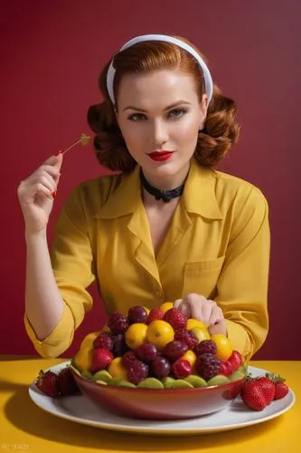 dark brown/ginger hair, white  headband, black necklace, mustard yellow shirt , bowl of fruit, white plate, burgundy background,red lips, fingers twirling hair strands
,a woman sitting at a table and 