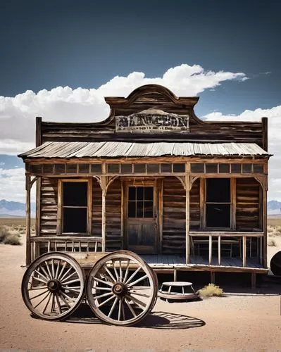 Old West architecture, abandoned, worn, wooden saloon, broken windows, creaky doors, rusty hinges, weathered roof, tumbleweed, desert landscape, sandy dunes, vast open sky, dramatic clouds, warm sunli