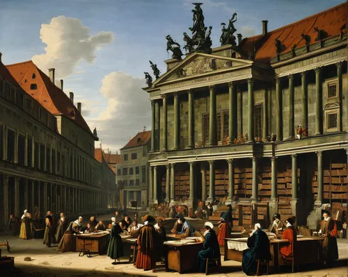 Escape to the quiet libraries and bookshops of our Berlin, a haven for knowledge and literature.,street musicians,old trading stock market,old stock exchange,court of law,children studying,street scen